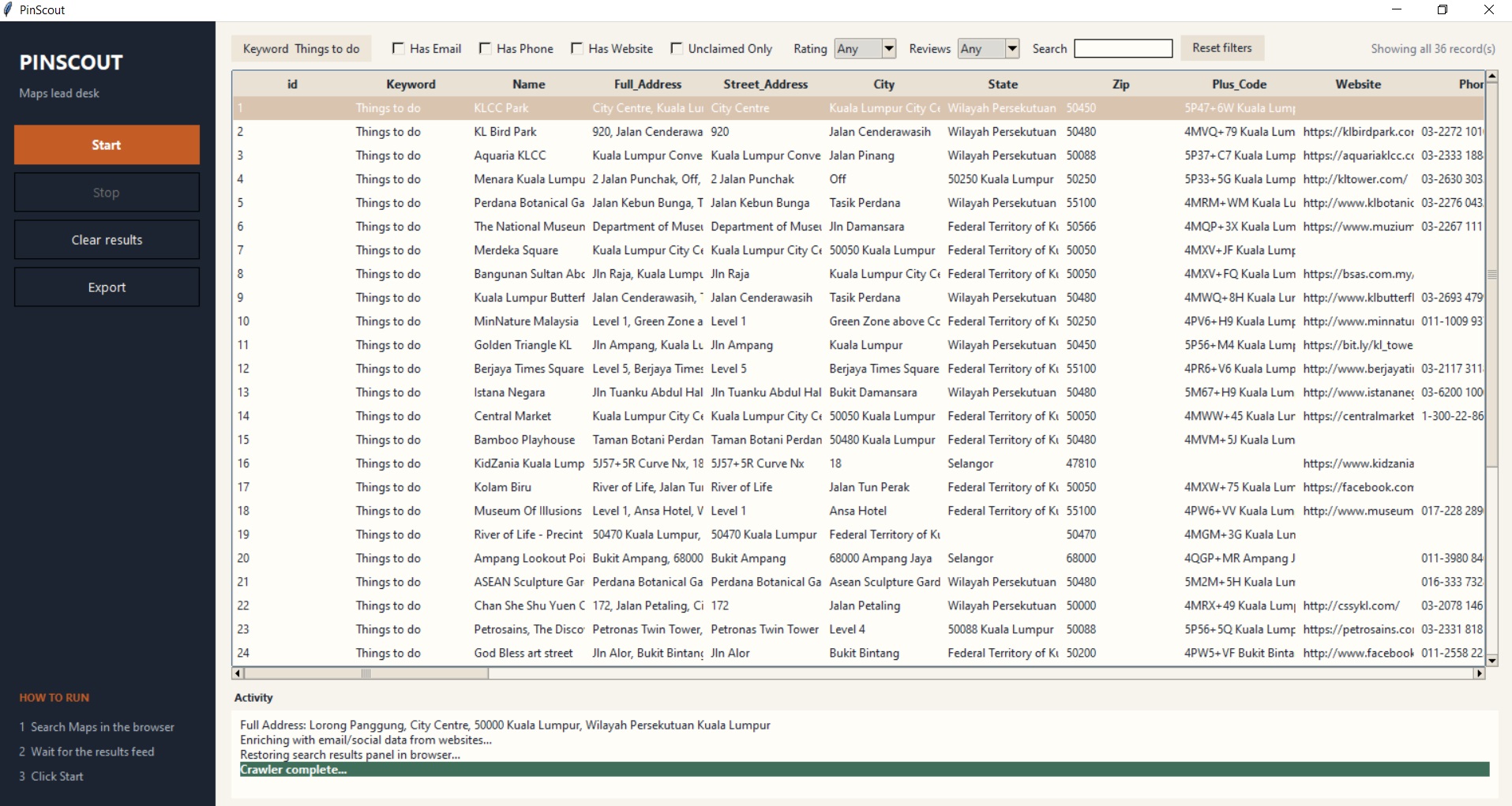PinScout control panel after a completed crawl